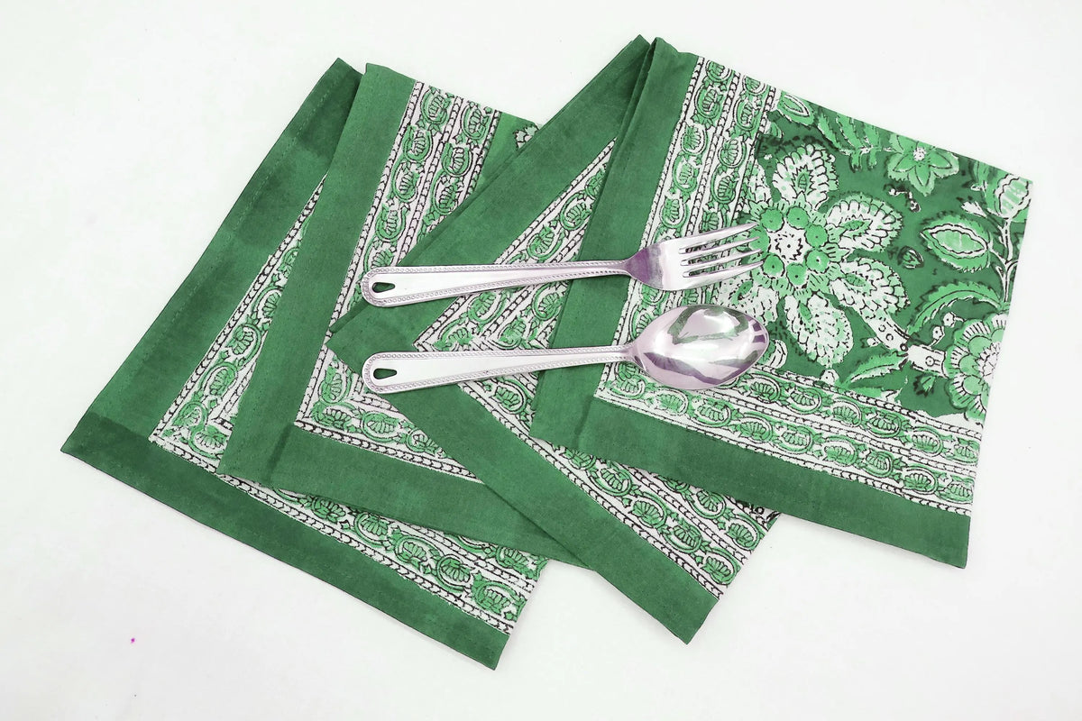 Hand Block Printed Cotton Napkins | Elegant Table Linen- Green and White