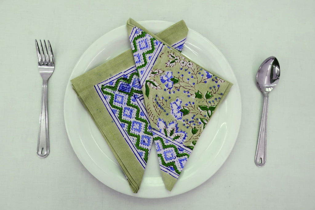 Hand Block Printed Cotton Napkins | Elegant Table Linen- Green and Blue