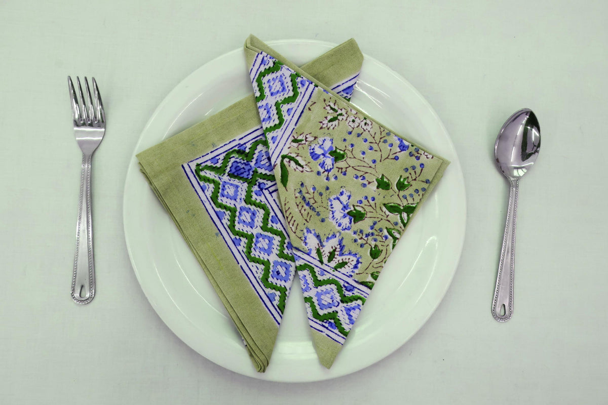 Hand Block Printed Cotton Napkins | Elegant Table Linen- Green and Blue