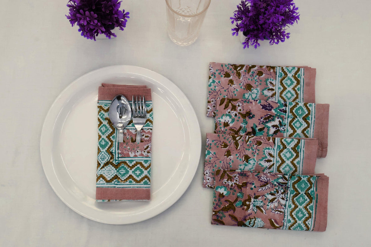 Hand Block Printed Cotton Napkins | Elegant Table Linen- Pink and Blue