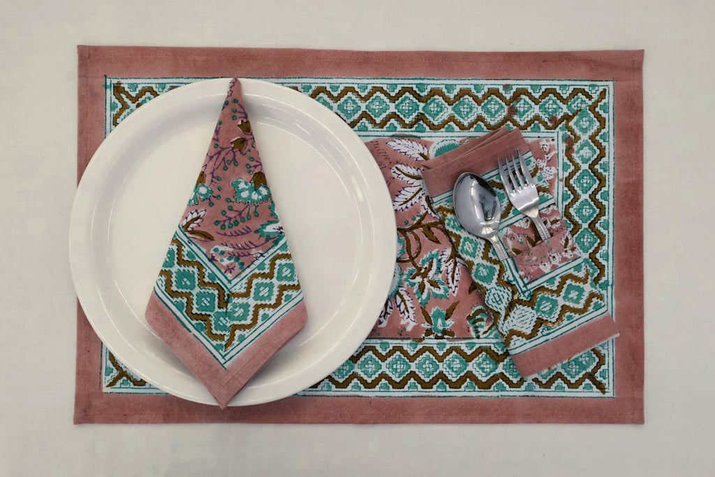 Hand Block Printed Cotton Napkins | Elegant Table Linen- Pink and Blue