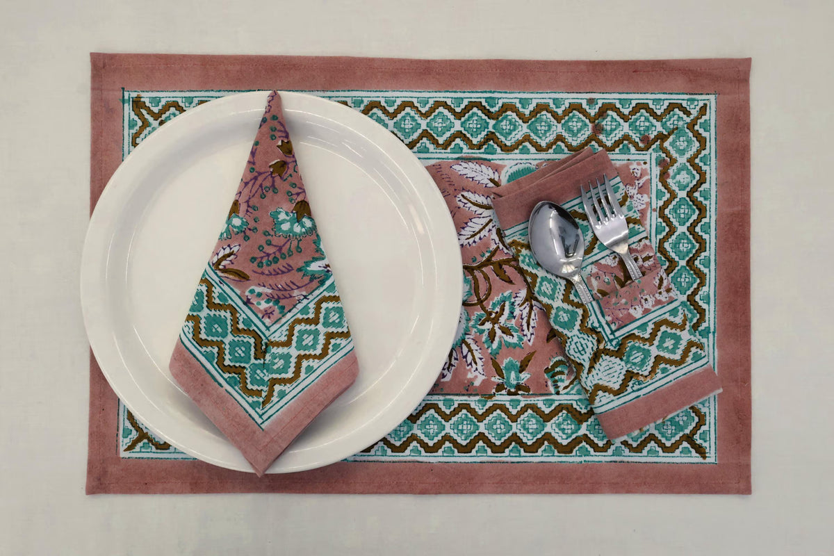 Hand Block Printed Cotton Napkins | Elegant Table Linen- Pink and Blue