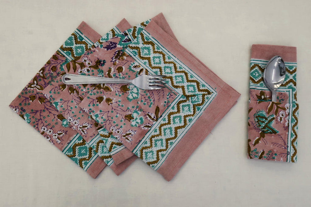 Hand Block Printed Cotton Napkins | Elegant Table Linen- Pink and Blue