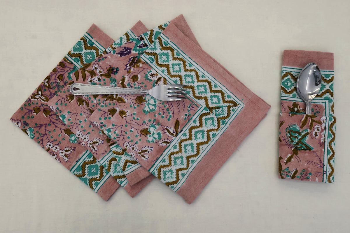 Hand Block Printed Cotton Napkins | Elegant Table Linen- Pink and Blue