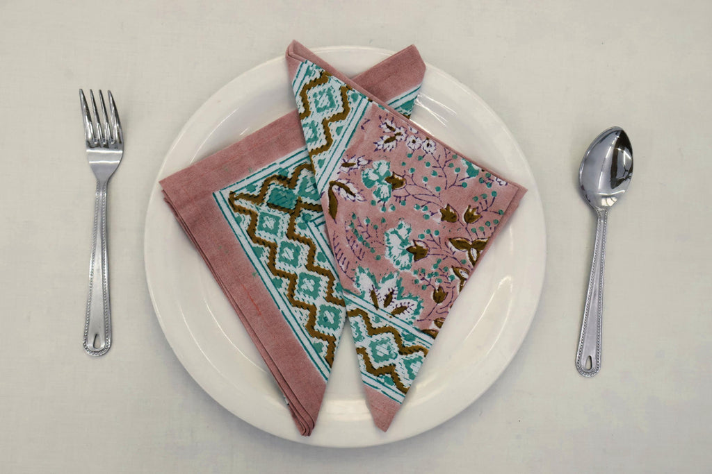 Hand Block Printed Cotton Napkins | Elegant Table Linen- Pink and Blue