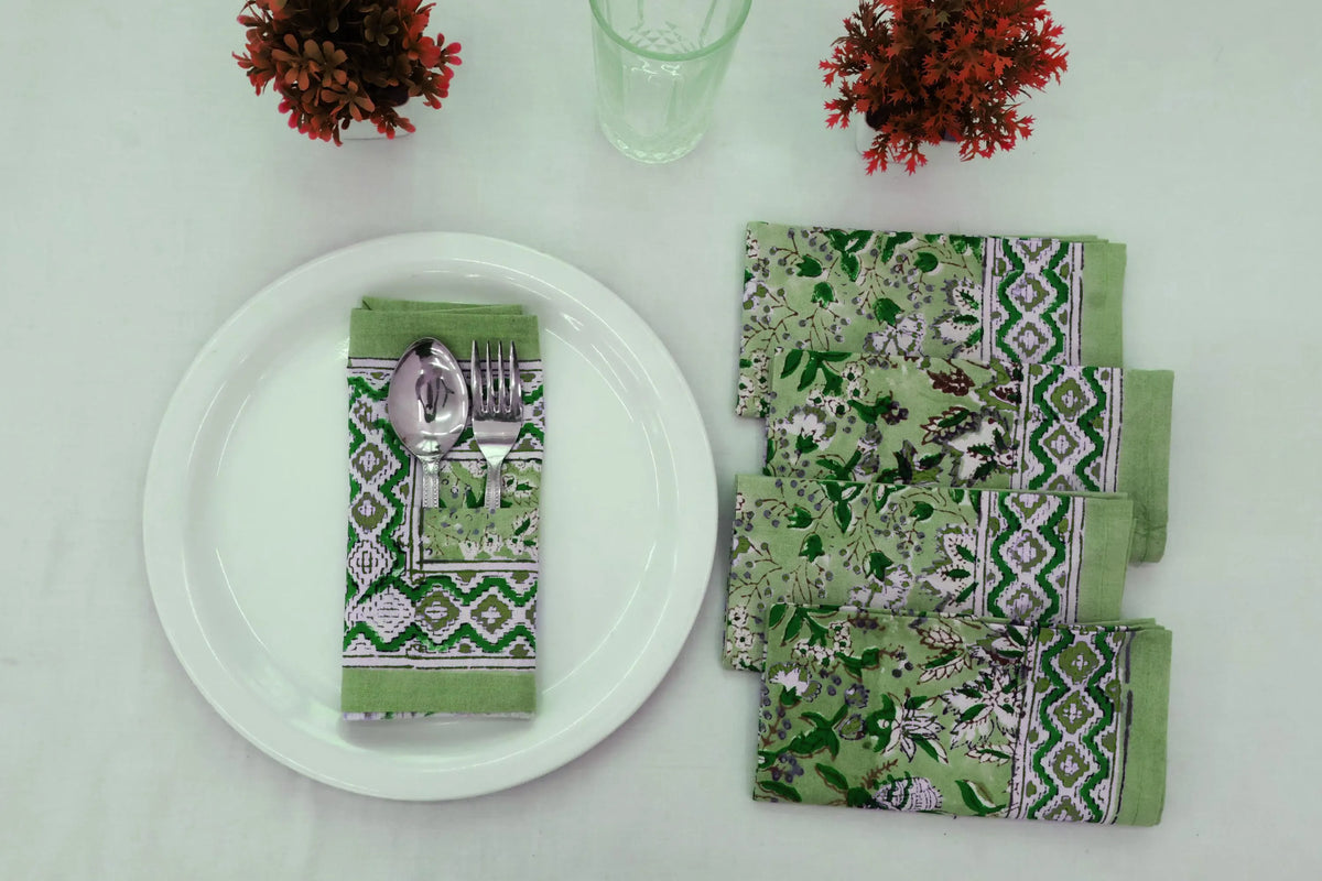 Hand Block Printed Cotton Napkins | Elegant Table Linen- Green and White