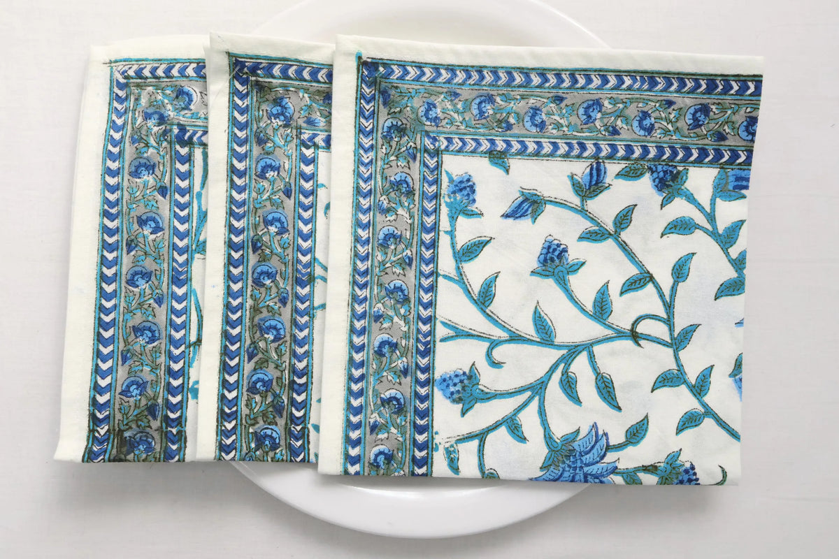 Hand Block Printed Cotton Napkins | Elegant Table Linen- Blue and White