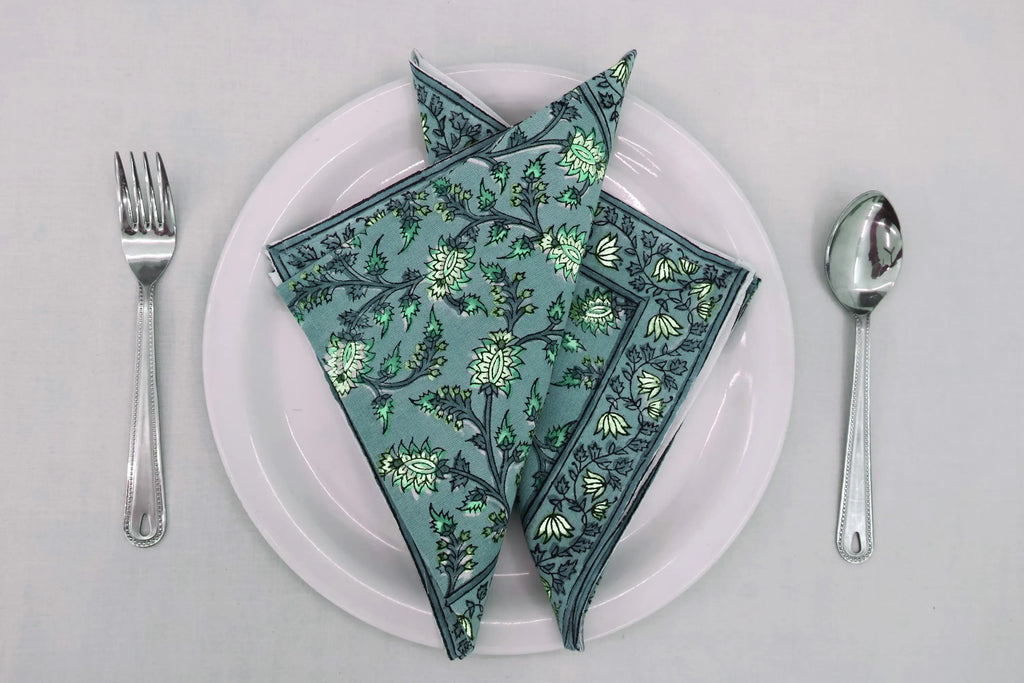 Hand Block Printed Cotton Napkins | Elegant Table Linen- Green
