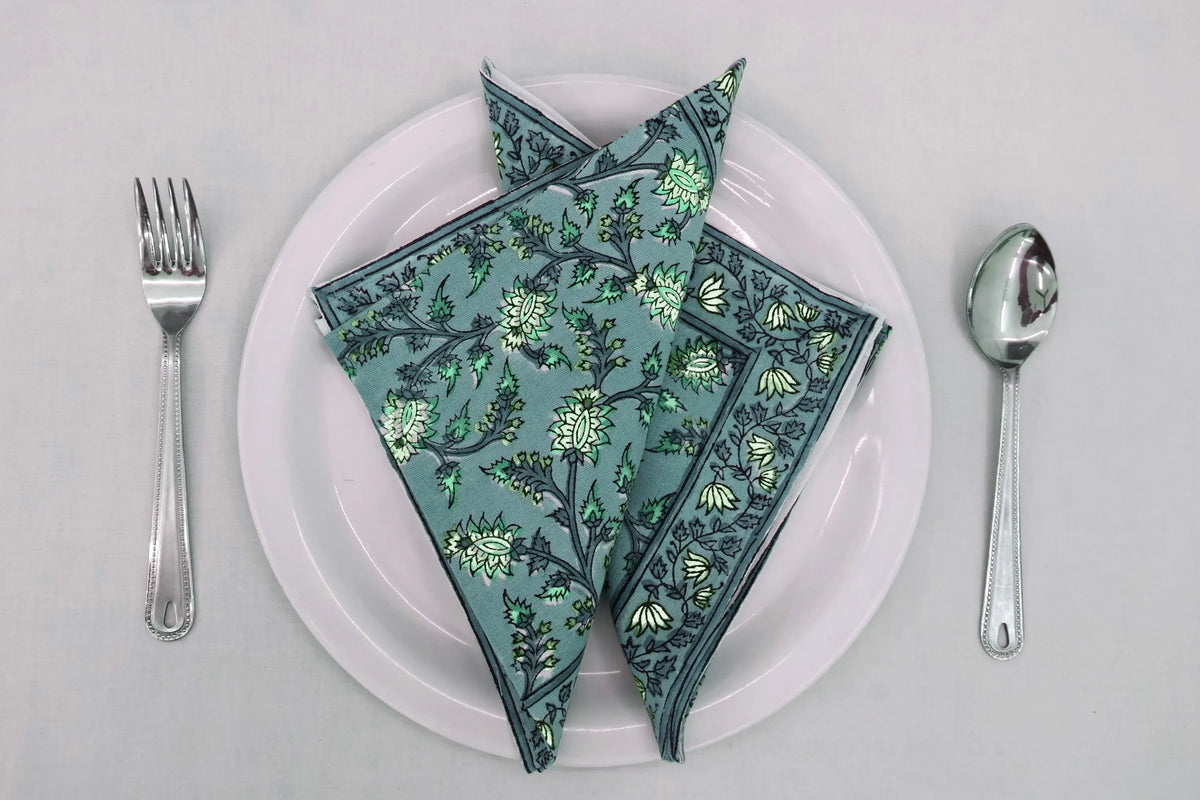 Hand Block Printed Cotton Napkins | Elegant Table Linen- Green