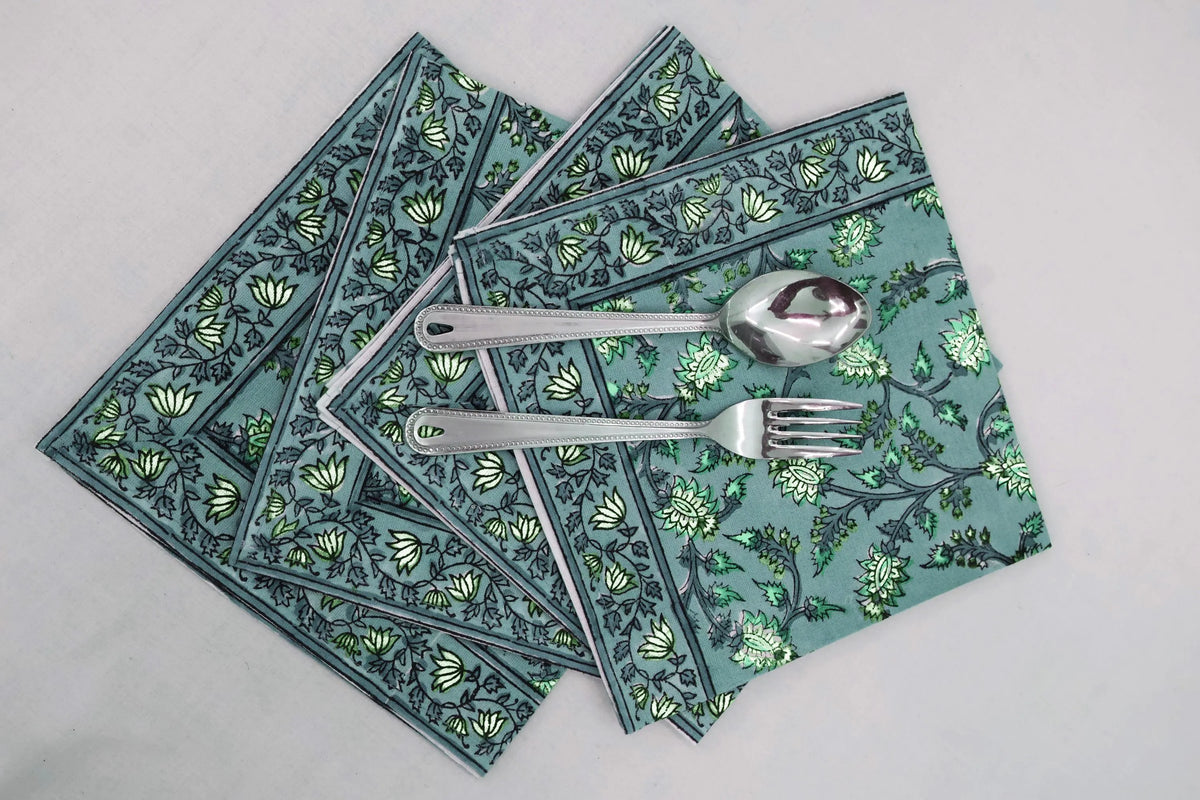 Hand Block Printed Cotton Napkins | Elegant Table Linen- Green