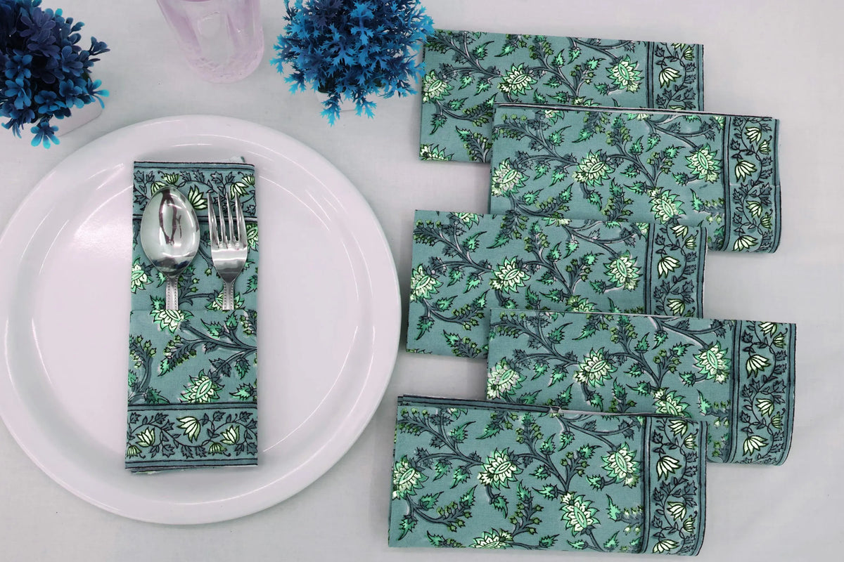 Hand Block Printed Cotton Napkins | Elegant Table Linen- Green
