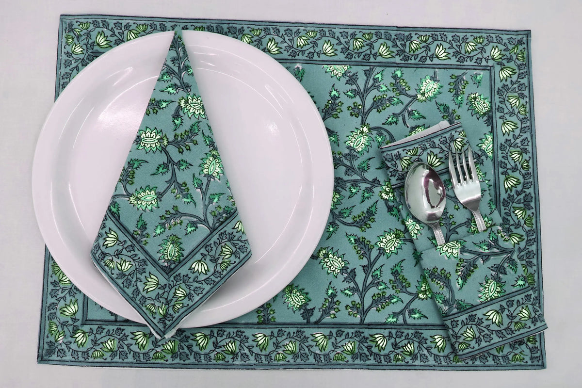 Hand Block Printed Cotton Napkins | Elegant Table Linen- Green