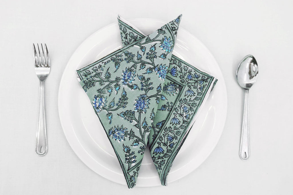Hand Block Printed Cotton Napkins | Elegant Table Linen- Blue and Green