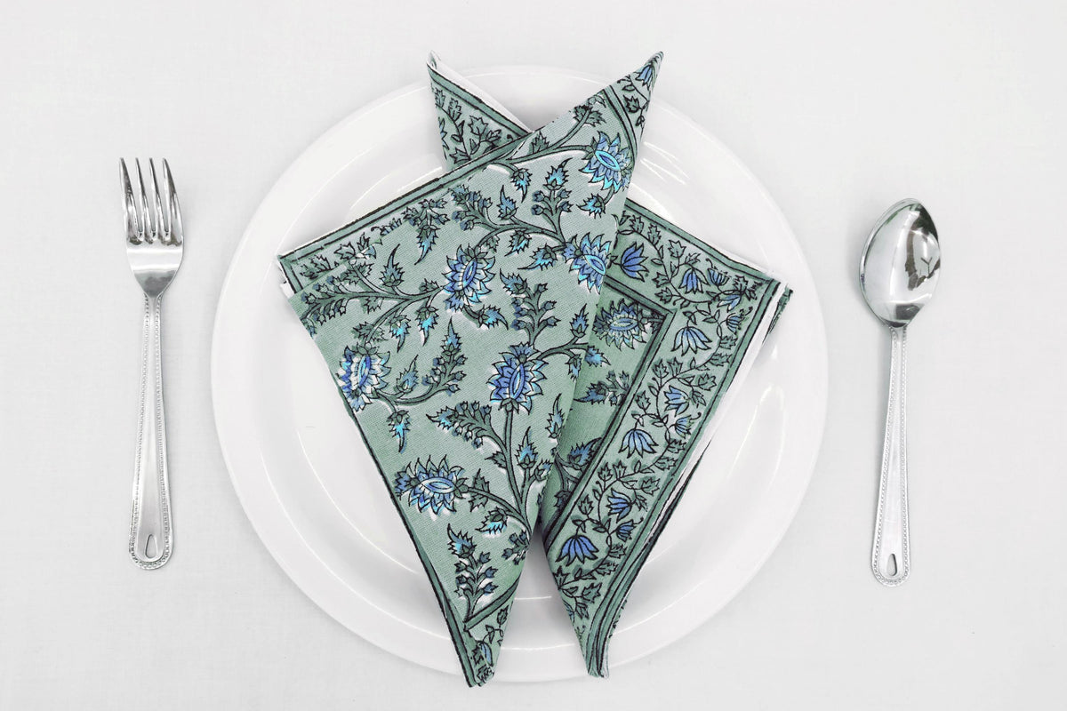 Hand Block Printed Cotton Napkins | Elegant Table Linen- Blue and Green