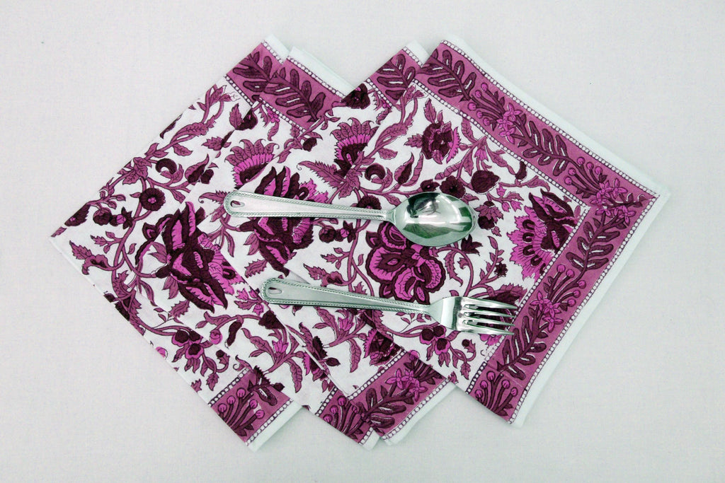 Hand Block Printed Cotton Napkins | Elegant Table Linen- Pink and Maroon