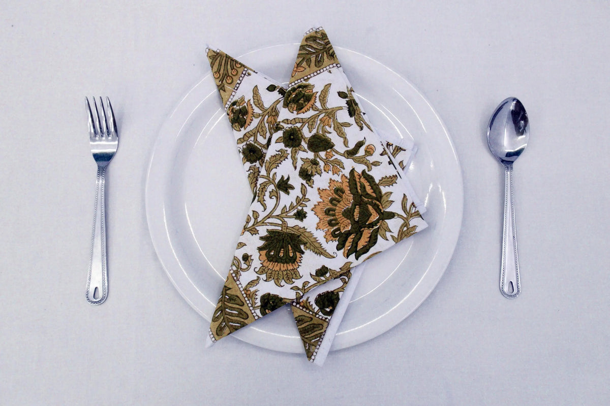 Hand Block Printed Cotton Napkins | Elegant Table Linen- Olive Green and Yellow