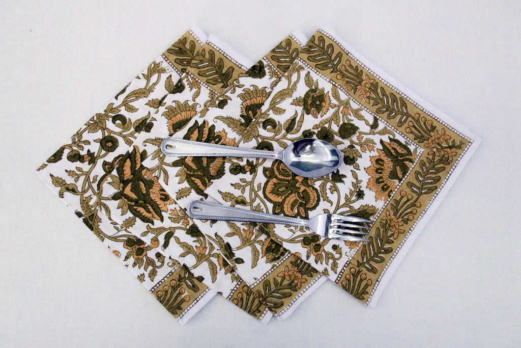 Hand Block Printed Cotton Napkins | Elegant Table Linen- Olive Green and Yellow