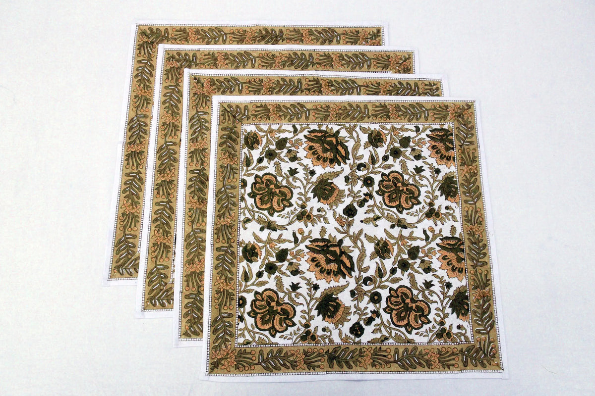 Hand Block Printed Cotton Napkins | Elegant Table Linen- Olive Green and Yellow