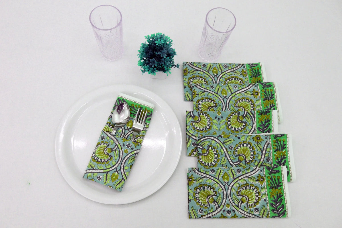 Hand Block Printed Cotton Napkins | Elegant Table Linen- Green and Blue