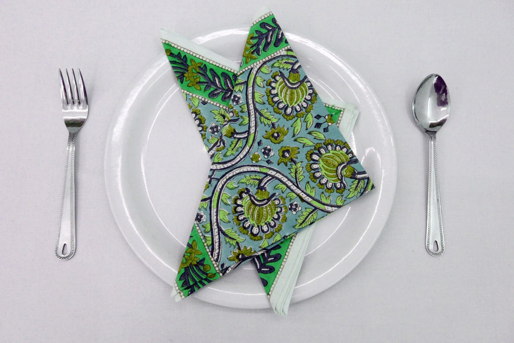 Hand Block Printed Cotton Napkins | Elegant Table Linen- Green and Blue