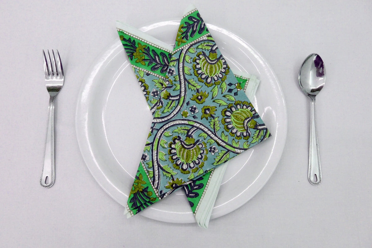 Hand Block Printed Cotton Napkins | Elegant Table Linen- Green and Blue