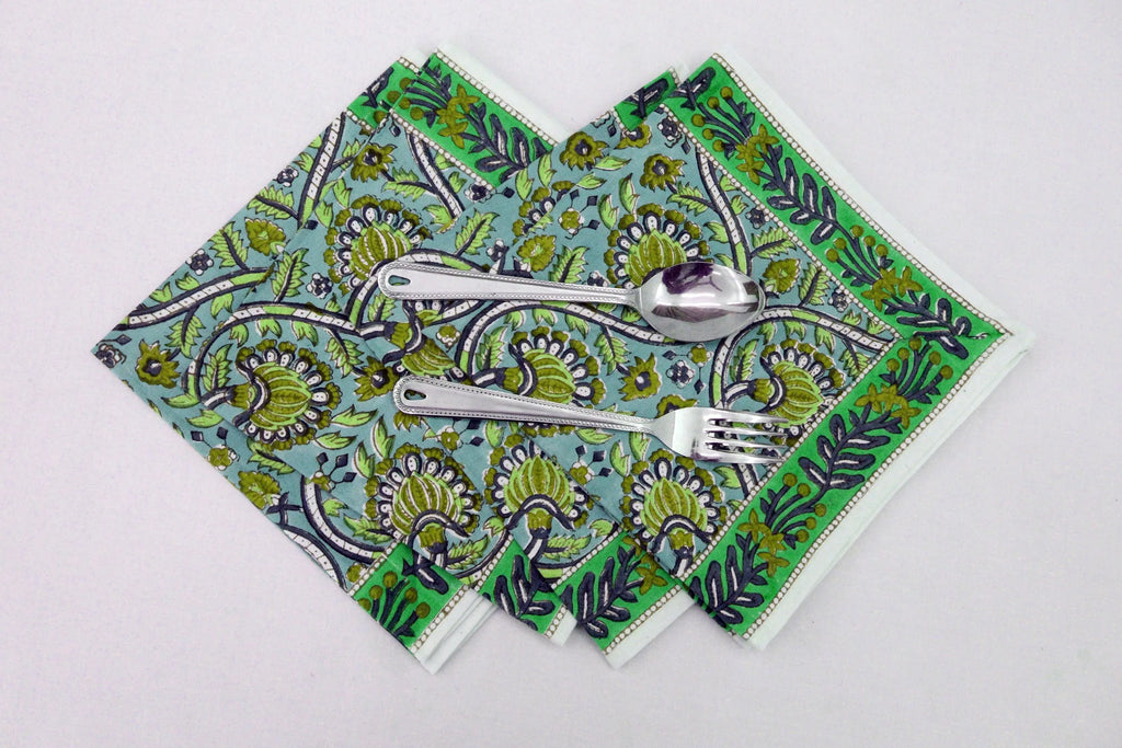 Hand Block Printed Cotton Napkins | Elegant Table Linen- Green and Blue