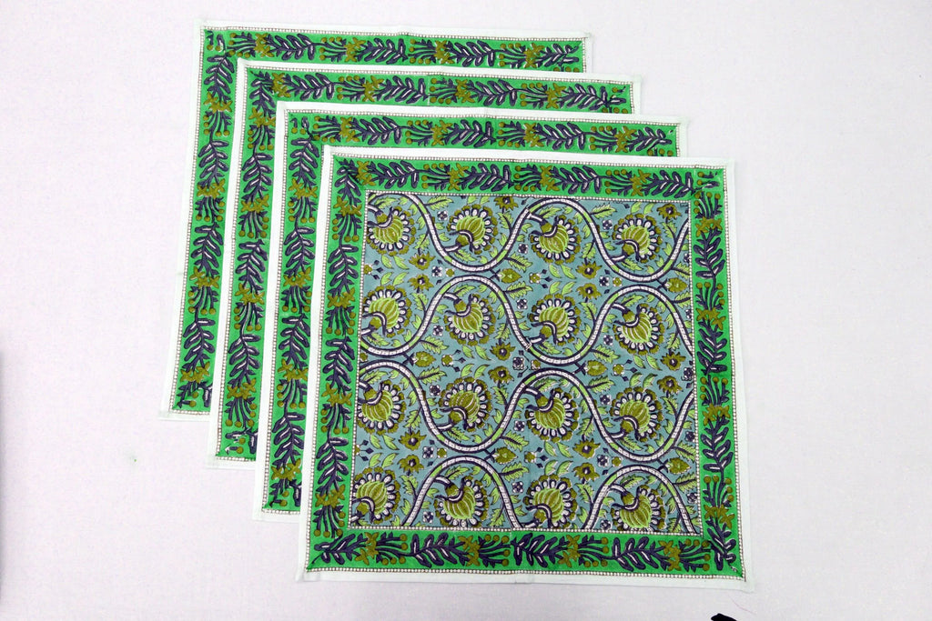 Hand Block Printed Cotton Napkins | Elegant Table Linen- Green and Blue