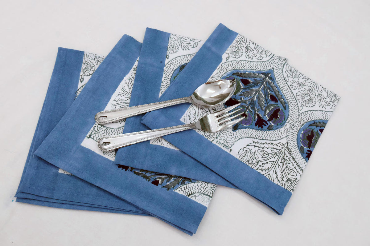 Hand Block Printed Cotton Napkins | Elegant Table Linen- Blue and Purple