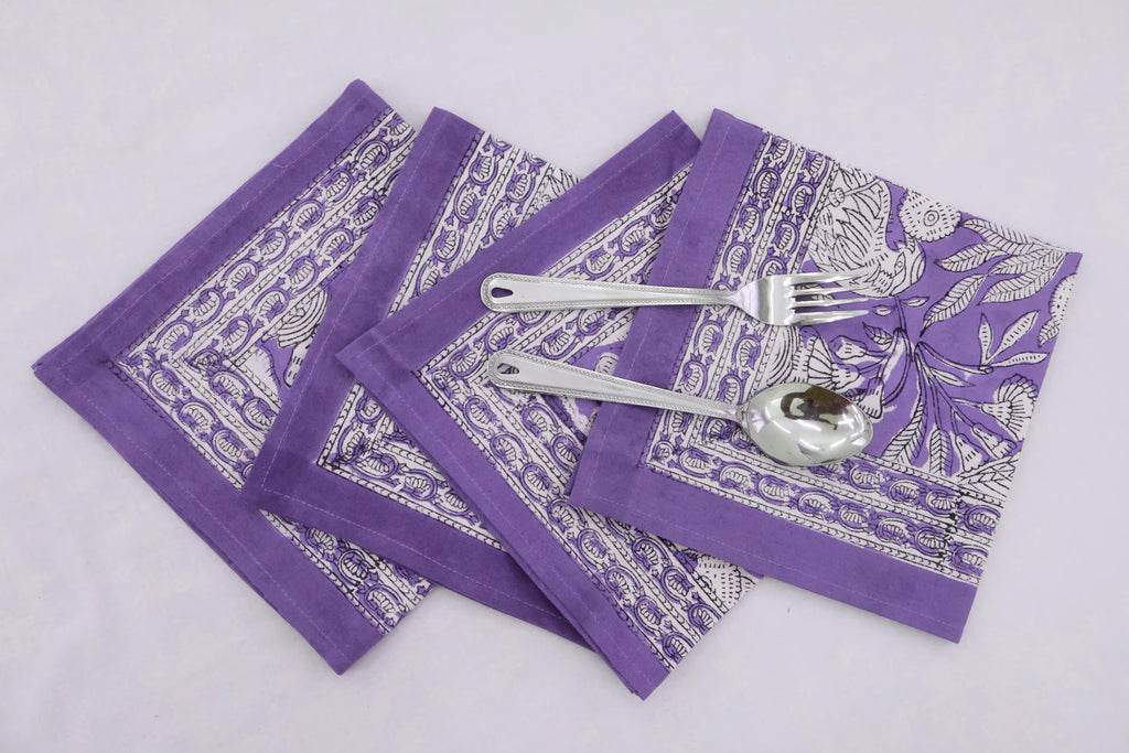 Hand Block Printed Cotton Napkins | Elegant Table Linen- Purple and White