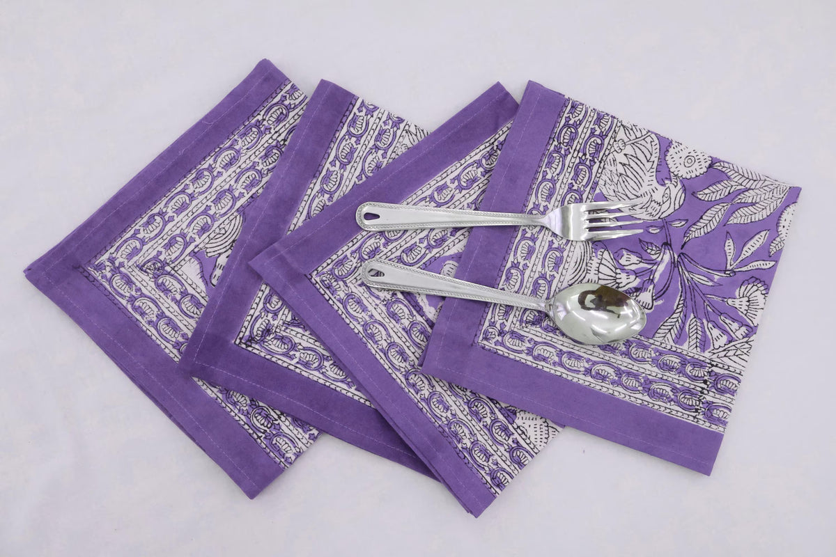 Hand Block Printed Cotton Napkins | Elegant Table Linen- Purple and White