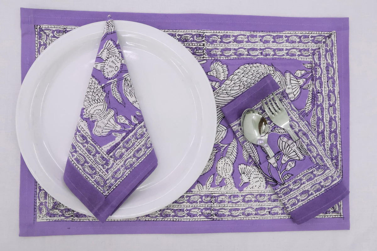 Hand Block Printed Cotton Napkins | Elegant Table Linen- Purple and White