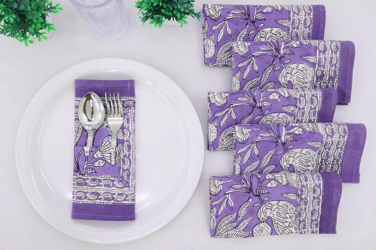 Hand Block Printed Cotton Napkins | Elegant Table Linen- Purple and White