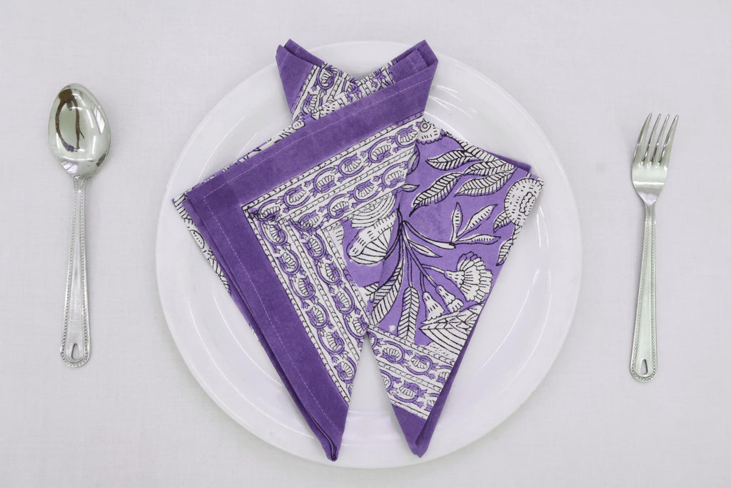 Hand Block Printed Cotton Napkins | Elegant Table Linen- Purple and White