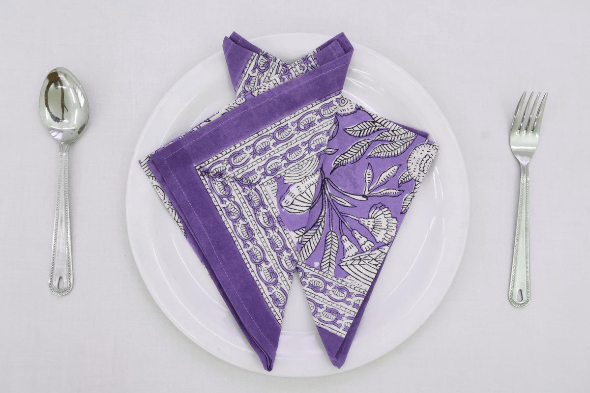 Hand Block Printed Cotton Napkins | Elegant Table Linen- Purple and White