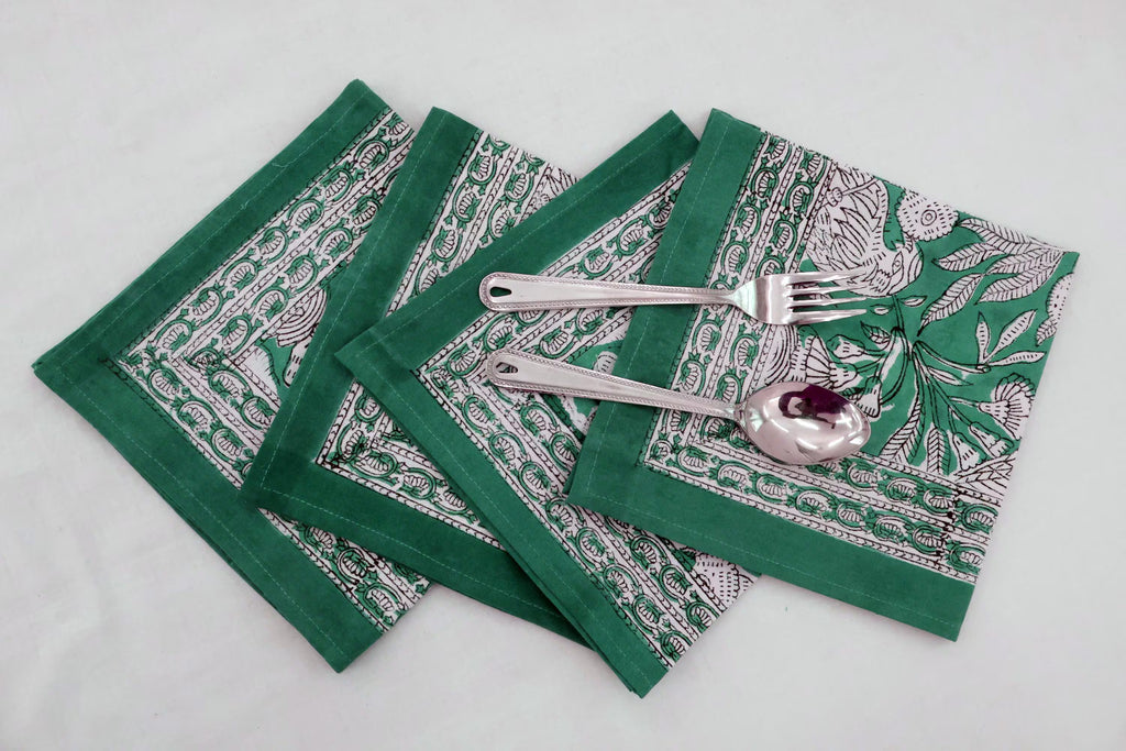 Hand Block Printed Cotton Napkins | Elegant Table Linen- Green and White