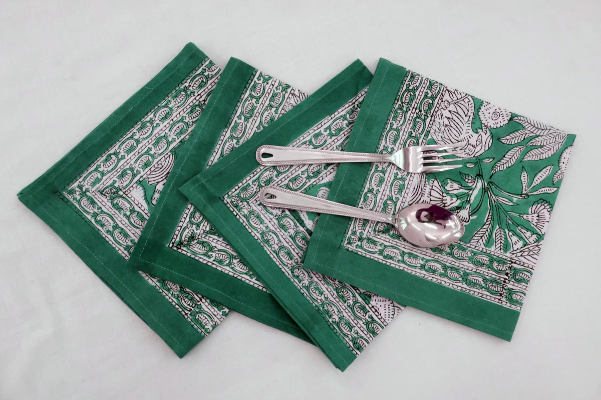 Hand Block Printed Cotton Napkins | Elegant Table Linen- Green and White