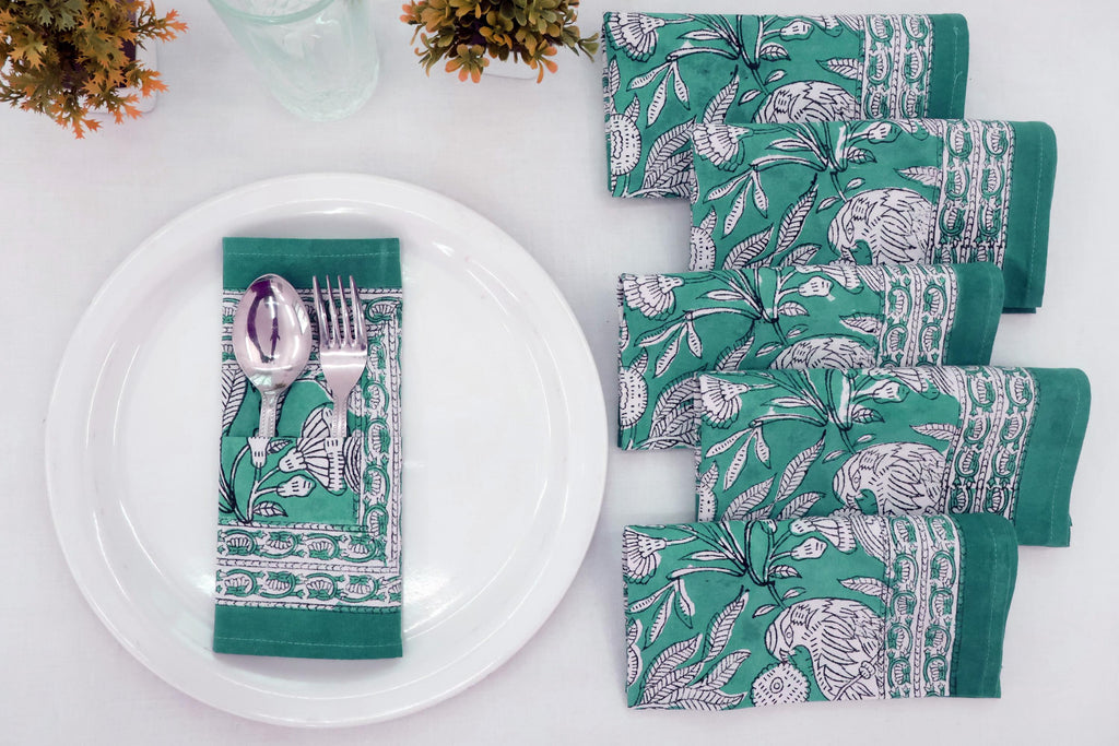Hand Block Printed Cotton Napkins | Elegant Table Linen- Green and White