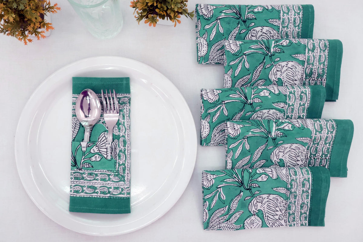 Hand Block Printed Cotton Napkins | Elegant Table Linen- Green and White