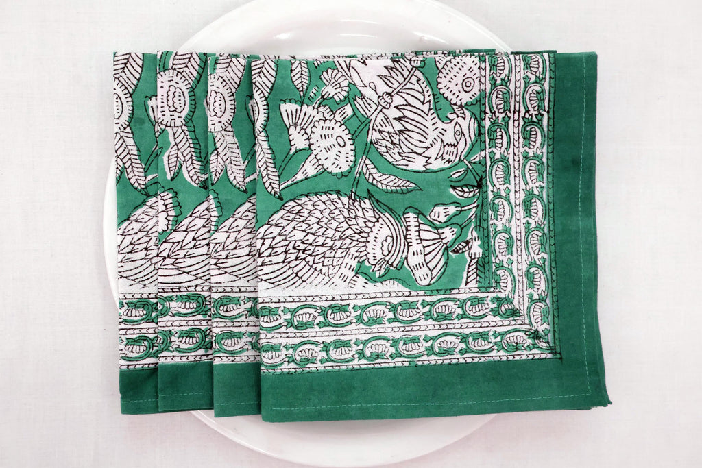 Hand Block Printed Cotton Napkins | Elegant Table Linen- Green and White