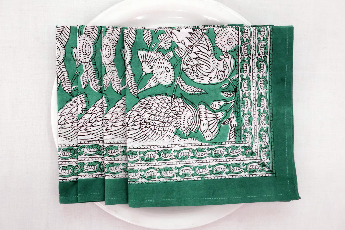 Hand Block Printed Cotton Napkins | Elegant Table Linen- Green and White