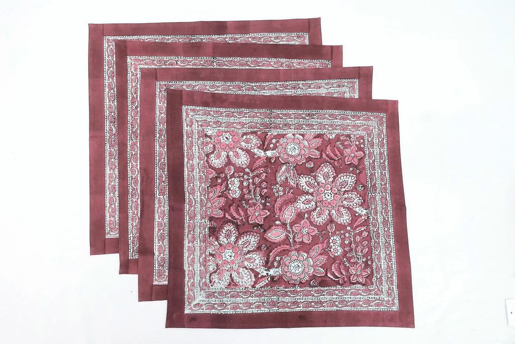 Hand Block Printed Cotton Napkins | Elegant Table Linen- Pink and Maroon
