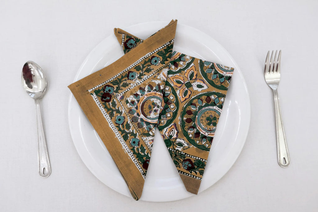 Hand Block Printed Cotton Napkins | Elegant Table Linen- Yellow and Green