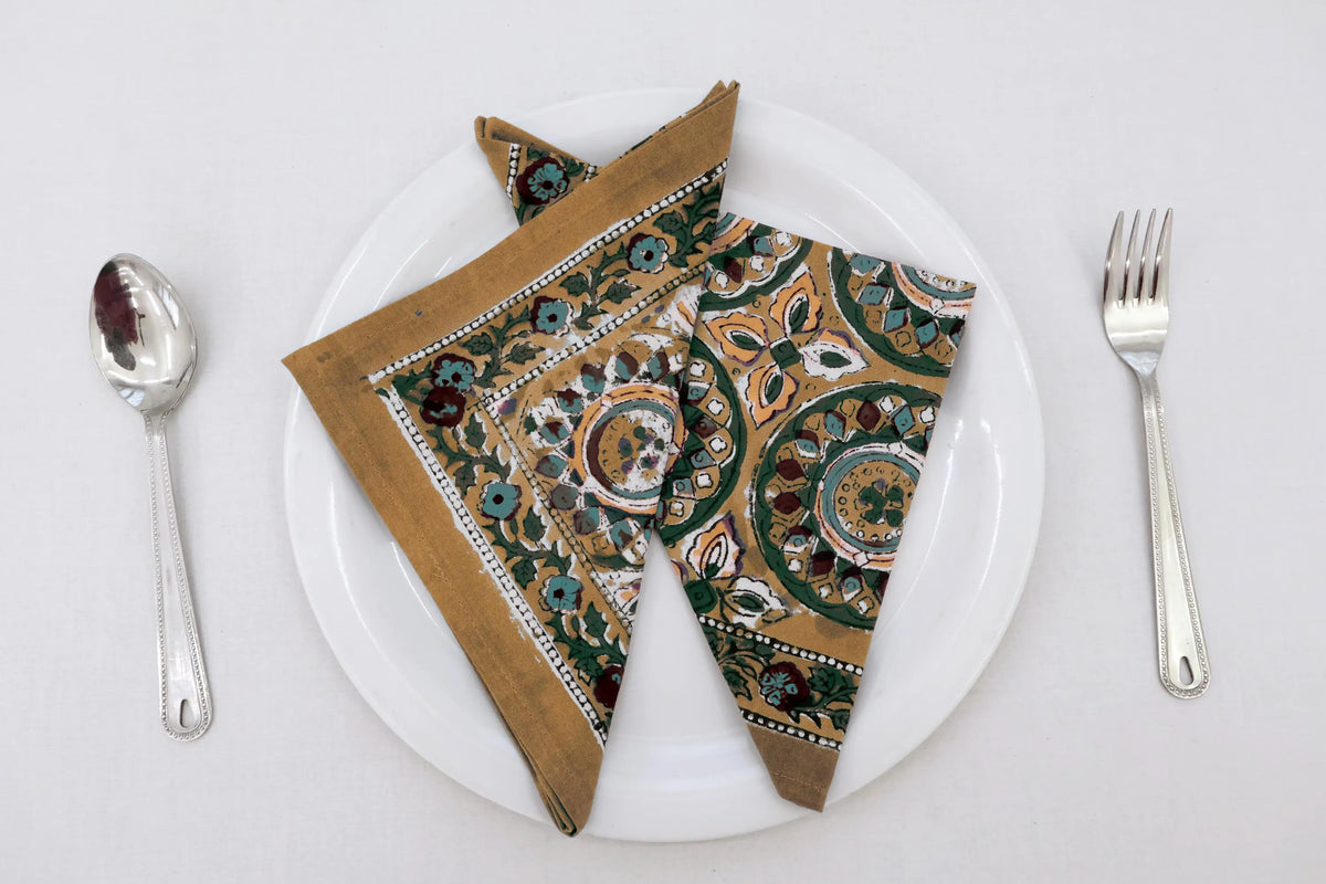 Hand Block Printed Cotton Napkins | Elegant Table Linen- Yellow and Green