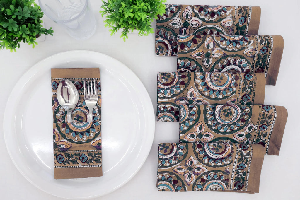 Hand Block Printed Cotton Napkins | Elegant Table Linen- Yellow and Green