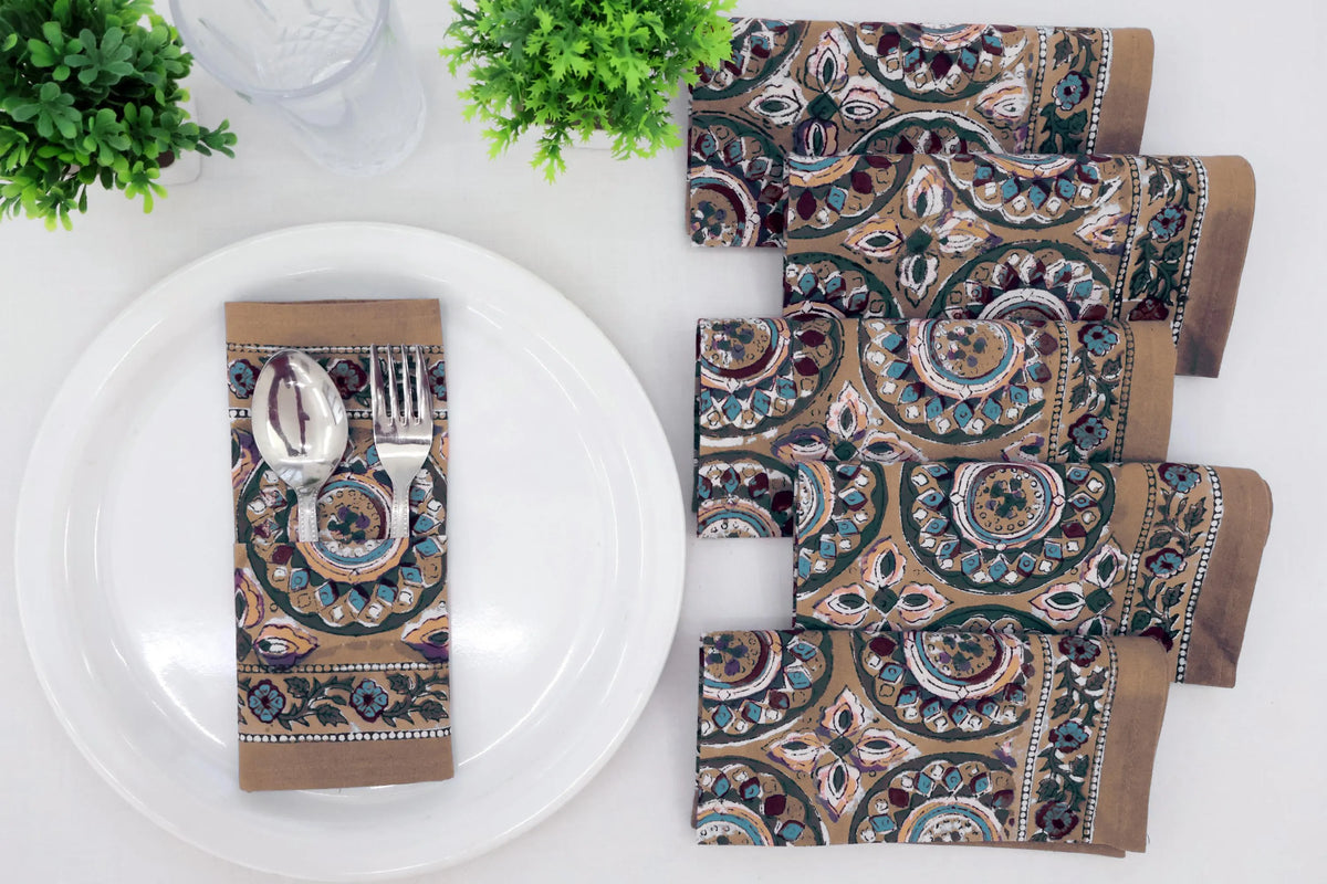 Hand Block Printed Cotton Napkins | Elegant Table Linen- Yellow and Green