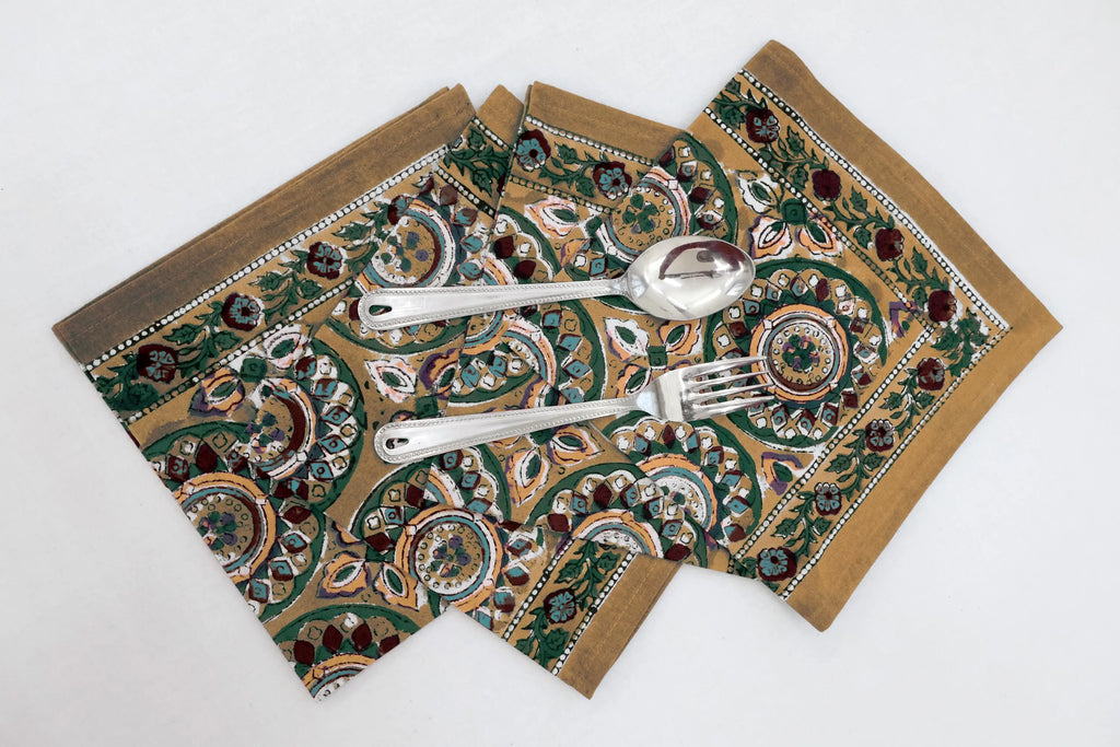 Hand Block Printed Cotton Napkins | Elegant Table Linen- Yellow and Green