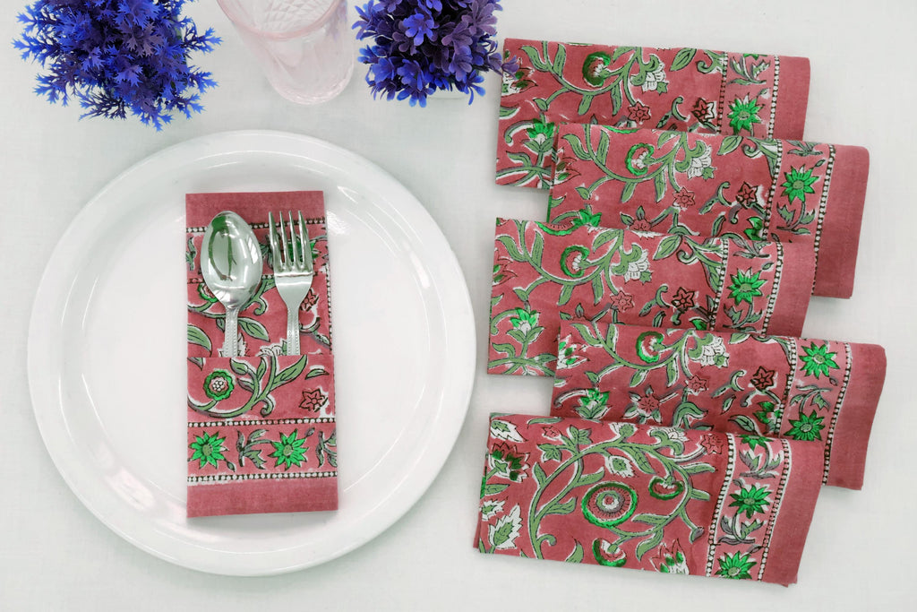 Hand Block Printed Cotton Napkins | Elegant Table Linen- Pink and Green