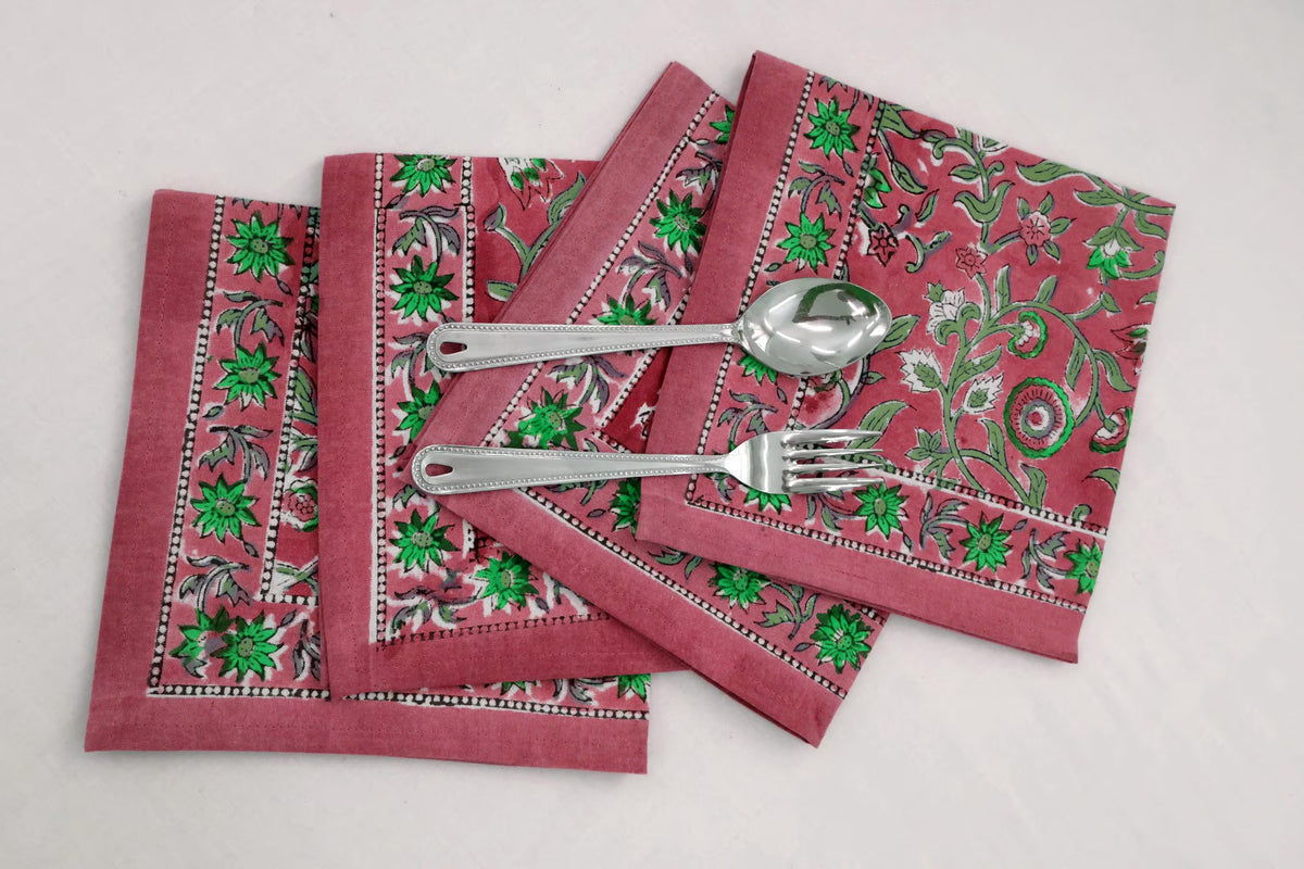 Hand Block Printed Cotton Napkins | Elegant Table Linen- Pink and Green