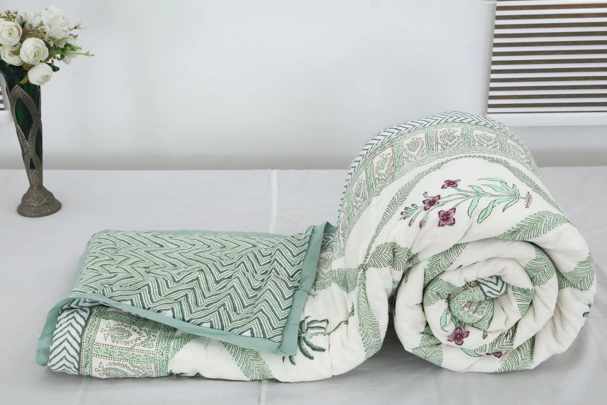 Green Palm & Floral Hand Block Printed Jaipur Quilt | Razai