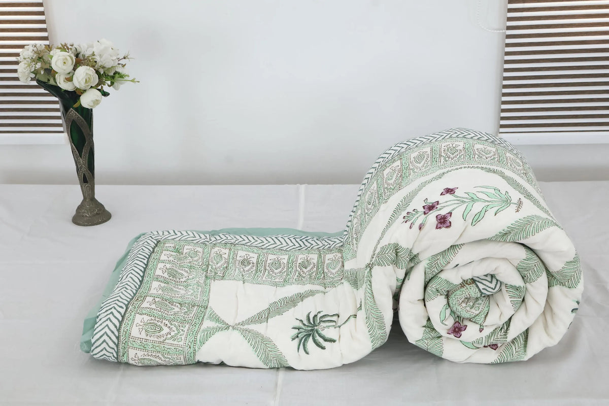 Green Palm & Floral Hand Block Printed Jaipur Quilt | Razai